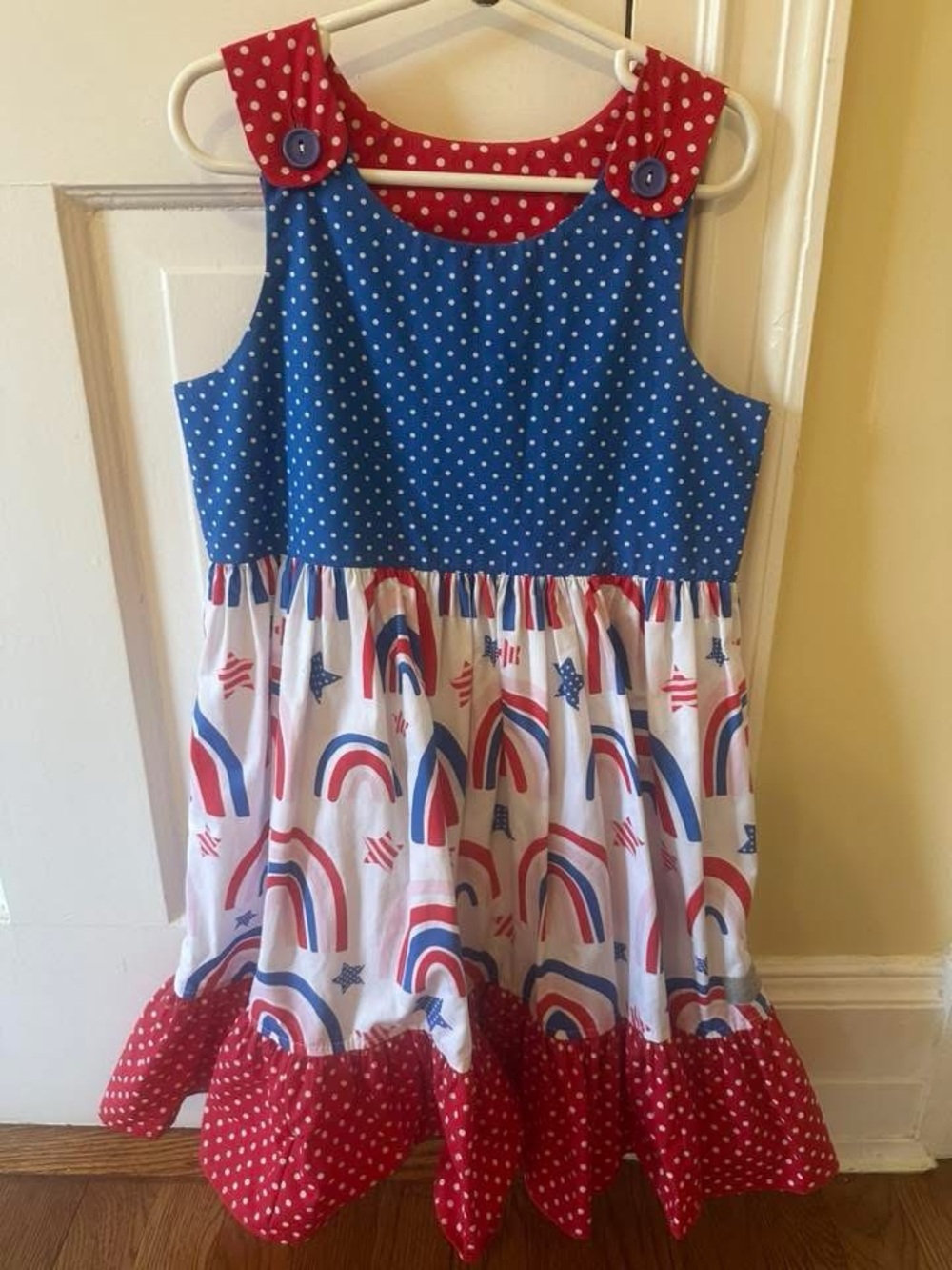 Eleanor Rose Red, White & Blue Polka Dot Rainbow Dress